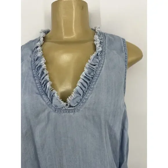 Tommy Bahama Medium Women Chambray Ruffle V Neck Sleeveless Frayed Hem Dress F33 - Picture 2 of 10